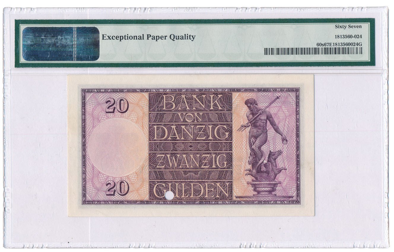 Wolne Miasto Gdańsk. WZÓR SPECIMEN 20 guldenów 1932 PMG 67 EPQ (MAX)  UNIKAT